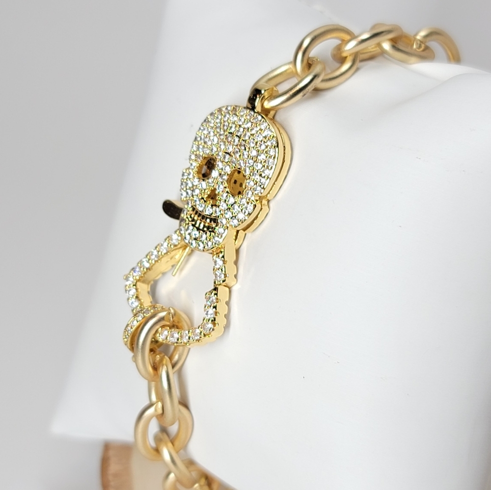 Bling Skull Pave CZ Gold Chain Bracelet NEW - Picture 4 of 10